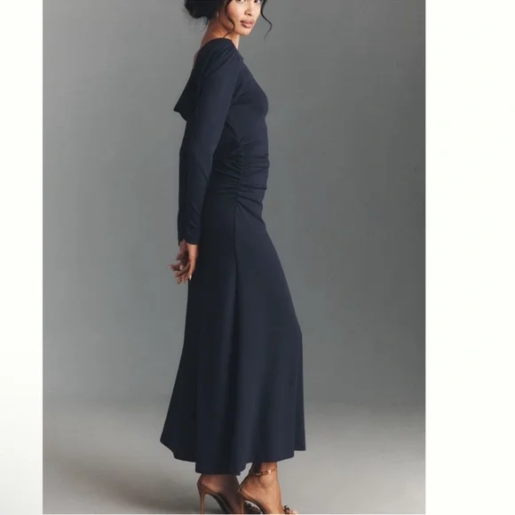 Nwt anthro Elegant long sleeve cowl back navy maxi Dress - Picture 3 of 5